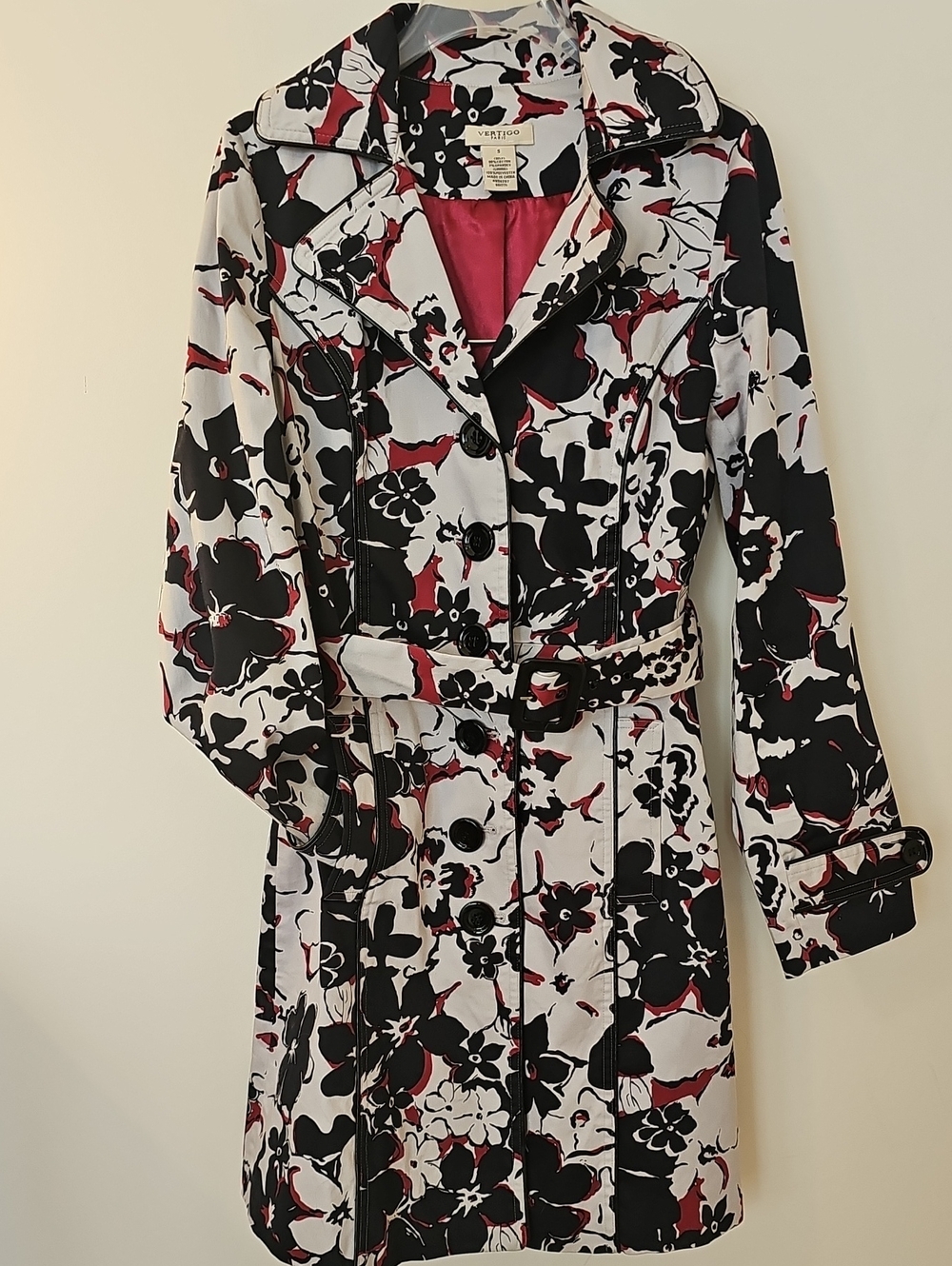 Vertigo Paris Size S Black White Burgundy Floral Belted Trench Coat